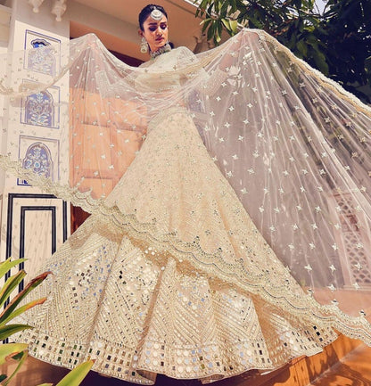 Beige soft heavy net paper mirror and thread work bridal lehenga choli