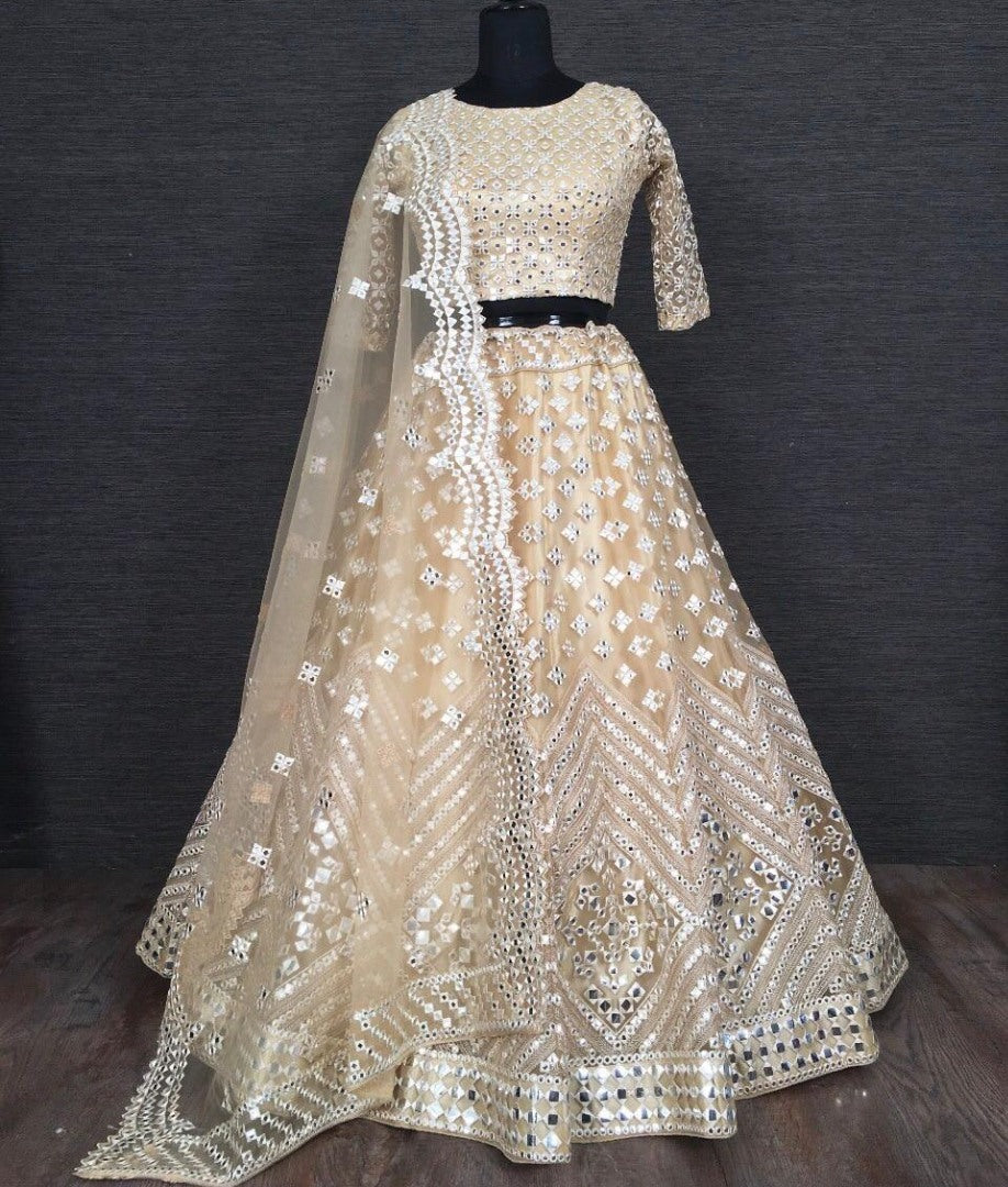 Beige soft heavy net paper mirror and thread work bridal lehenga choli