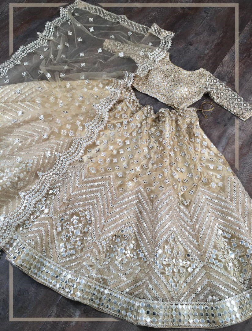 Beige soft heavy net paper mirror and thread work bridal lehenga choli