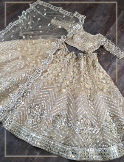 Beige soft heavy net paper mirror and thread work bridal lehenga choli