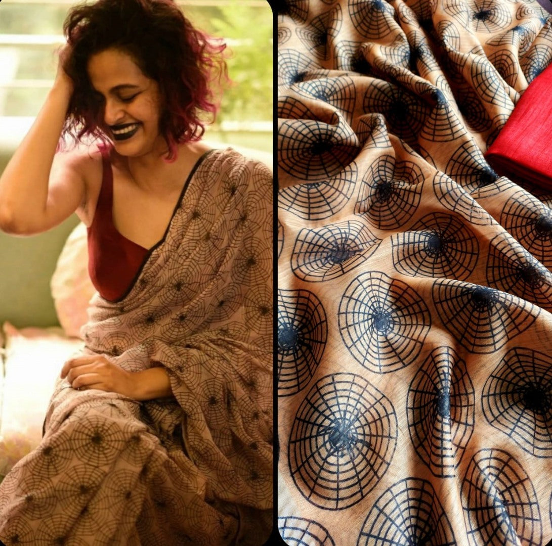 Beige soft linen digital printed work saree