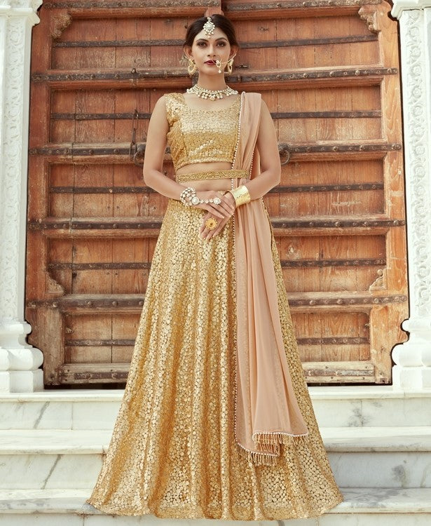 Beige soft net embroidered ceremonial lehenga