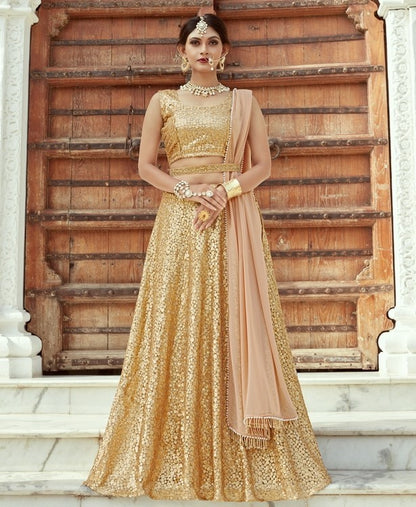 Beige soft net embroidered ceremonial lehenga