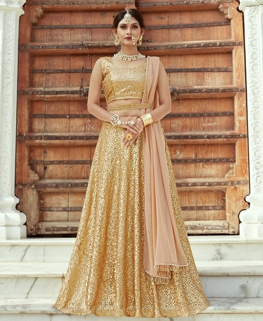 Beige soft net embroidered ceremonial lehenga