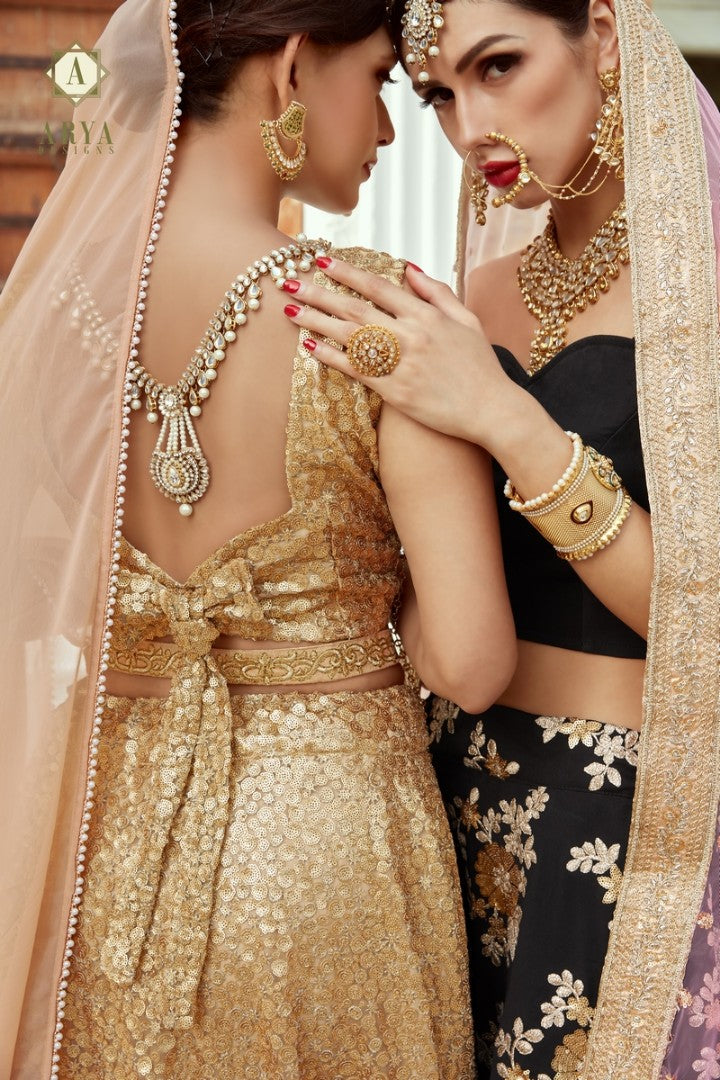 Beige soft net embroidered ceremonial lehenga
