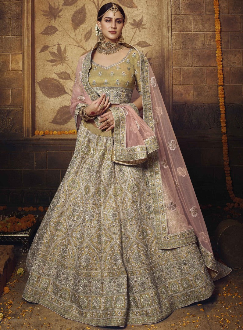 Beige soft net gota silk thread sequence work bridal lehenga choli