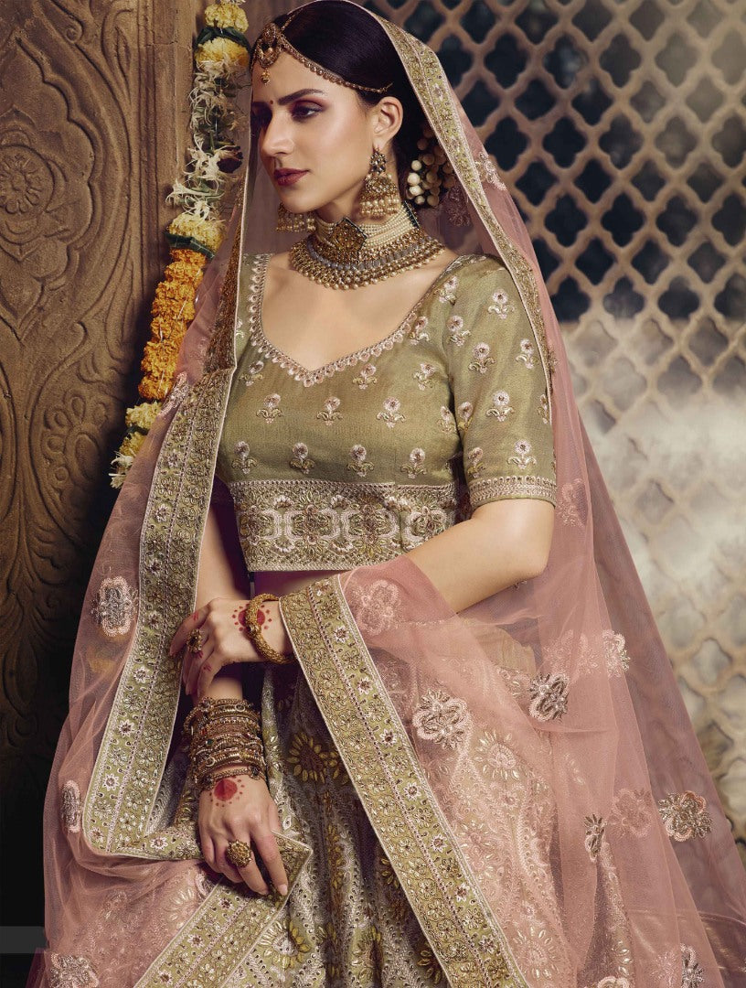 Beige soft net gota silk thread sequence work bridal lehenga choli