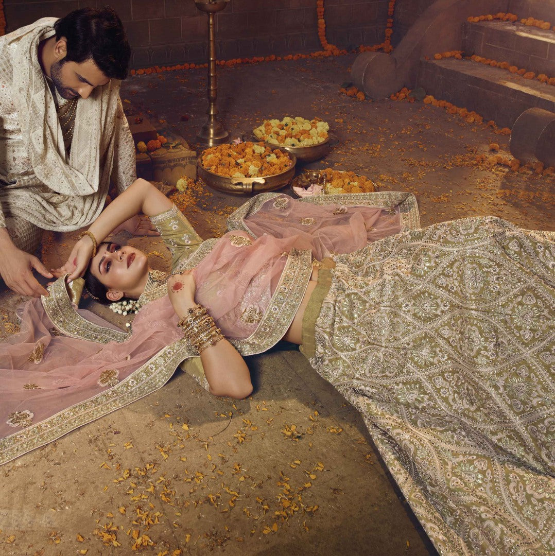 Beige soft net gota silk thread sequence work bridal lehenga choli