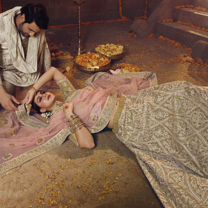 Beige soft net gota silk thread sequence work bridal lehenga choli