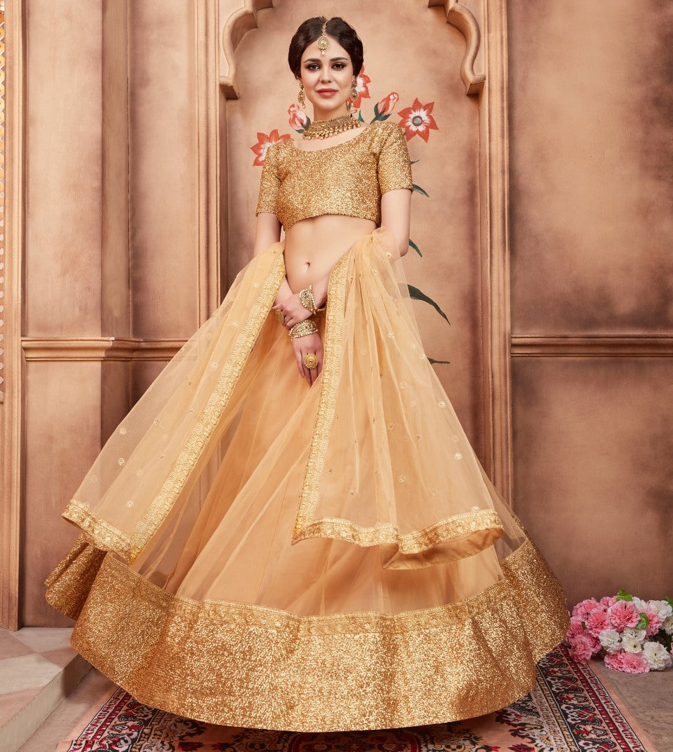 Beige soft net sequence and dori worked designer ceremonial lehenga choli