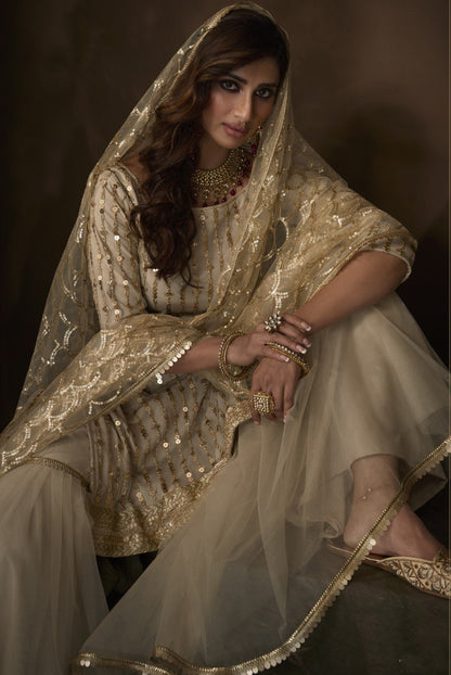 Beige soft net sequence work party wear sharara salwar suit