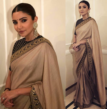 beige vichitra silk embroidered bollywood style partywear saree