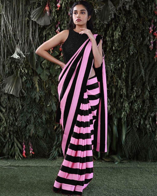 Black and baby pink stripe satin georgette partywear saree