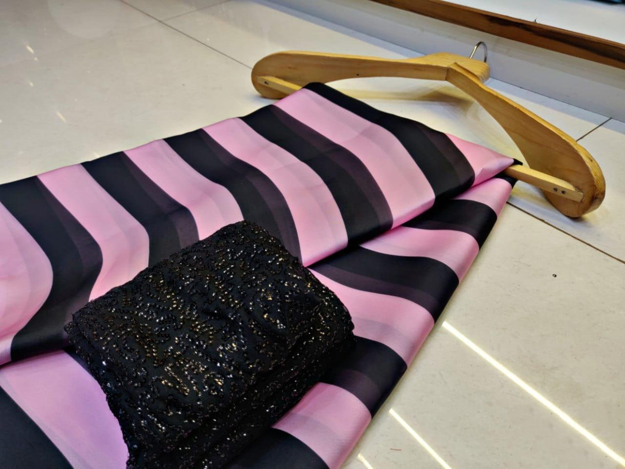 Black and baby pink stripe satin georgette partywear saree