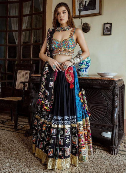 Black and blue digital printed real mirror work navratri festival lehenga chaniya choli