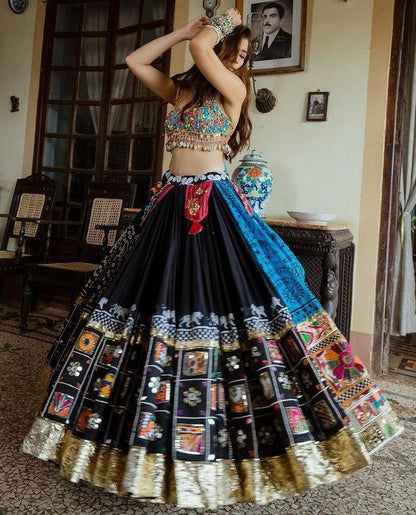 Black and blue digital printed real mirror work navratri festival lehenga chaniya choli