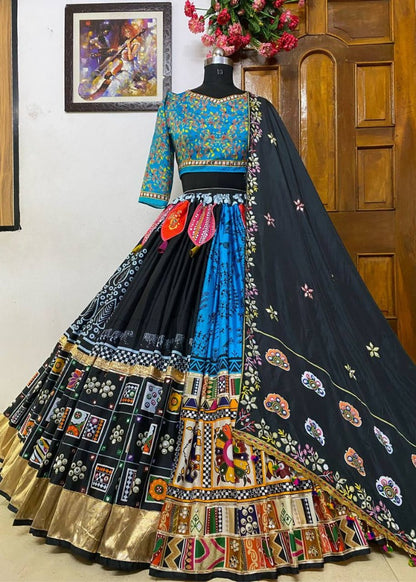 Black and blue digital printed real mirror work navratri festival lehenga chaniya choli