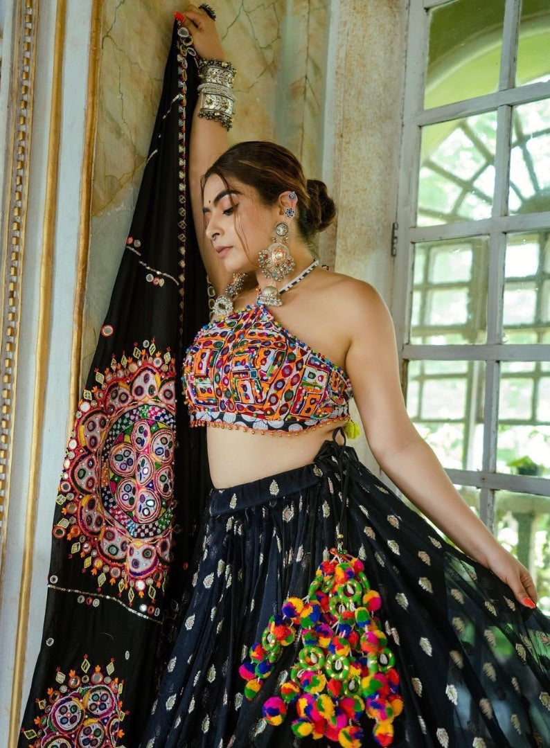 Black and green heavy embroidery and mirror work navratri festival lehenga choli