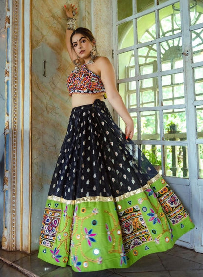 Black and green heavy embroidery and mirror work navratri festival lehenga choli