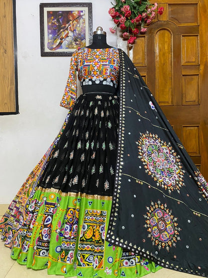 Black and green heavy embroidery and mirror work navratri festival lehenga choli