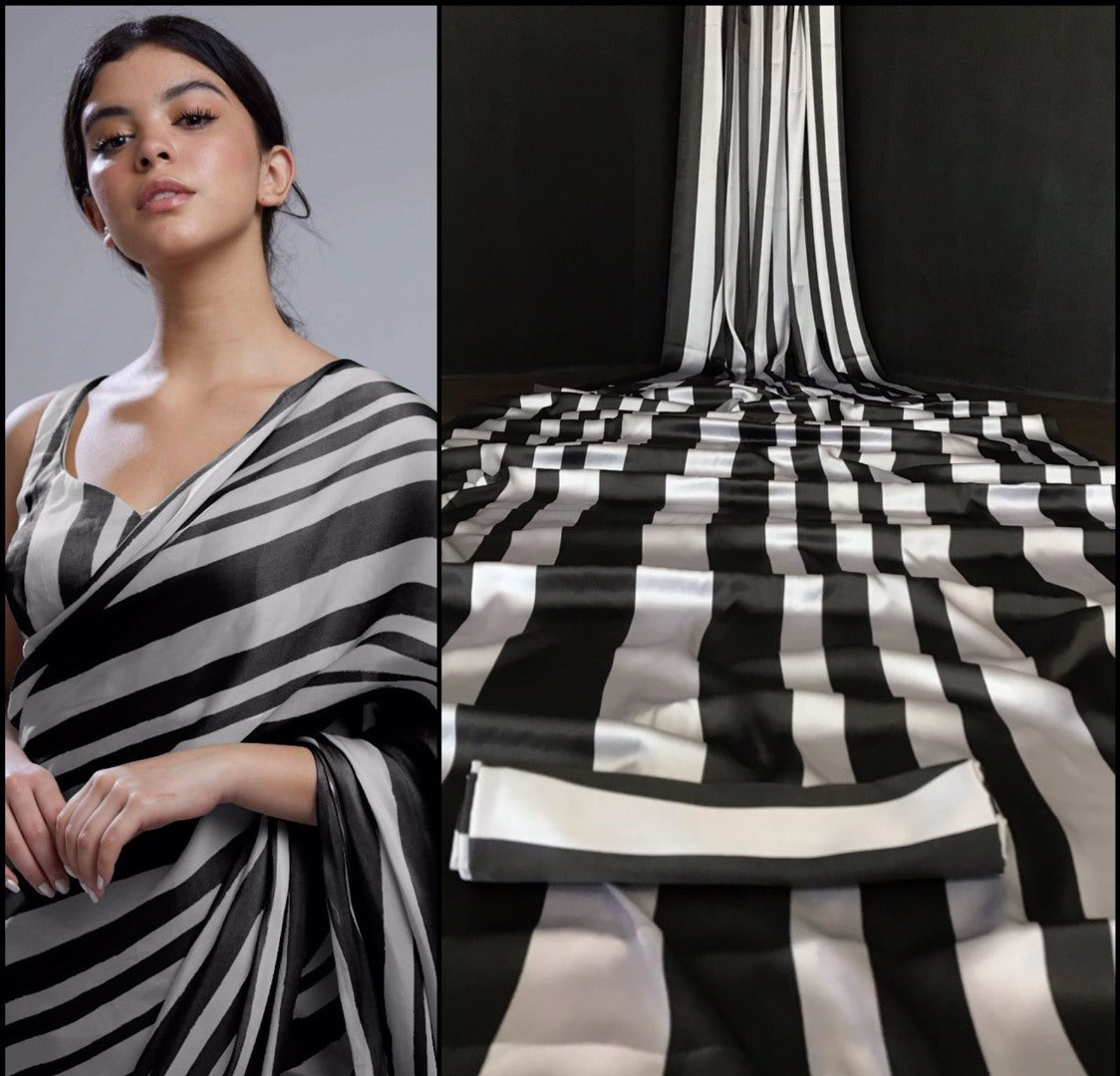 Black and grey stripe printed party wear saree