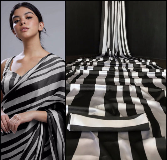 Black and grey stripe printed party wear saree