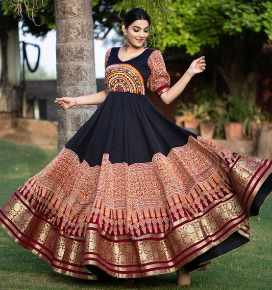 Black and multicolor digital printed mirror work evening gown