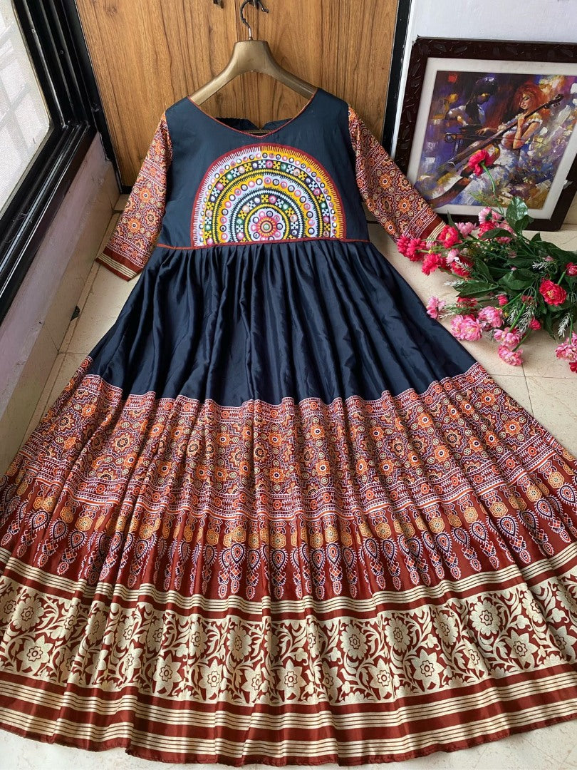 Black and multicolor digital printed mirror work evening gown