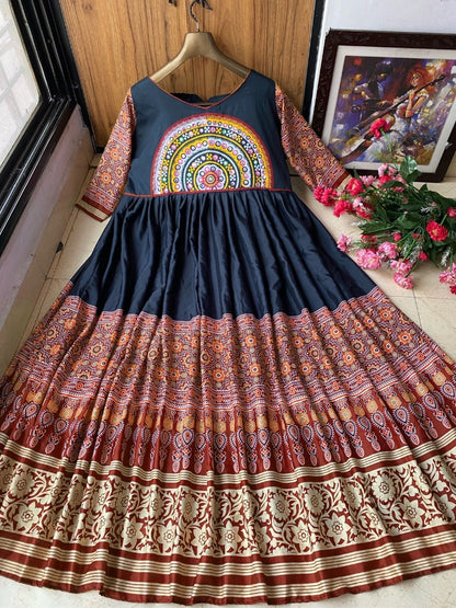 Black and multicolor digital printed mirror work evening gown