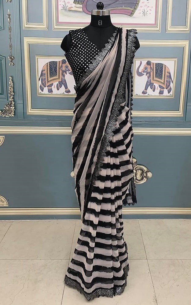 Black and off white strip printed georgette saree