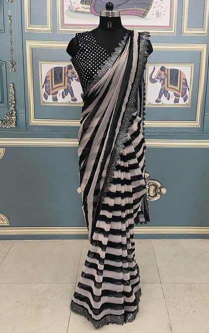 Black and off white strip printed georgette saree