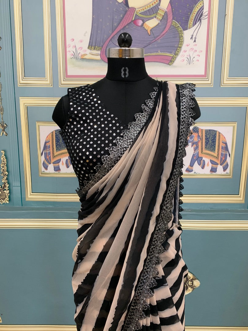 Black and off white strip printed georgette saree