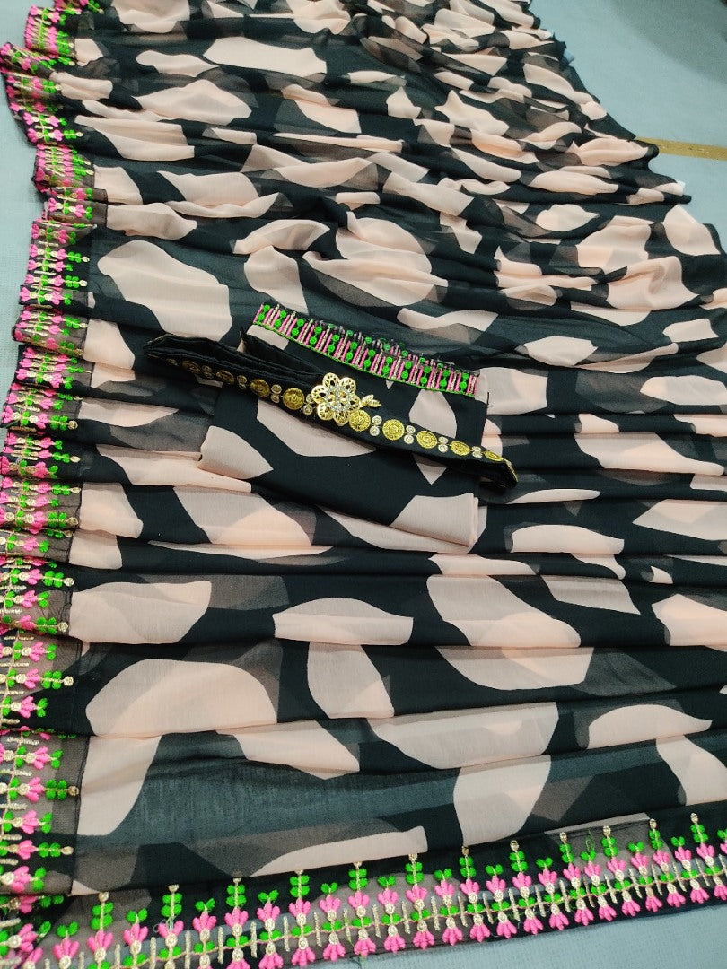 Black and peach georgette heavy digital printed embrodoired saree