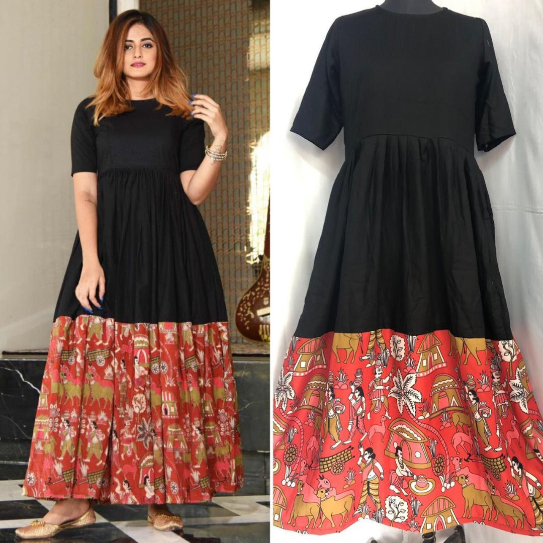 black and red digital flower printed heavy rayon kurti