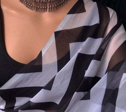 Black and white georgette digital printed work saree