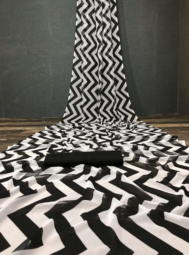 Black and white georgette digital printed work saree