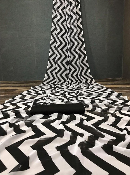 Black and white georgette digital printed work saree