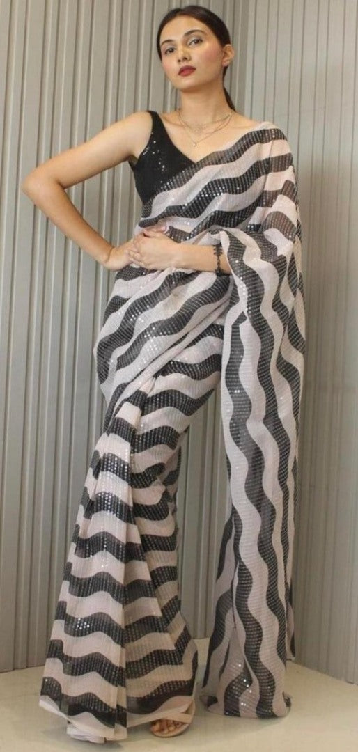 Black and White georgette fancy sequence saree