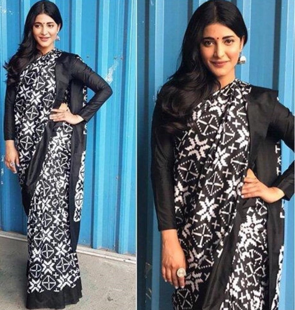 black and white georgette printed partywear saree