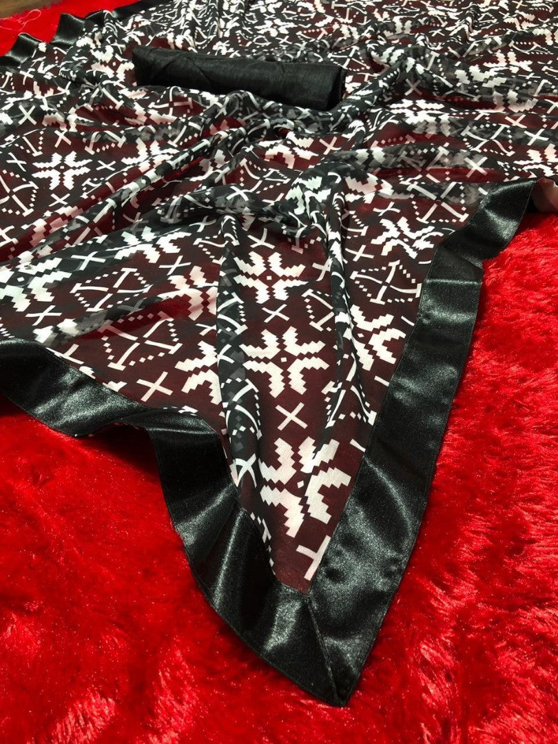 black and white georgette printed partywear saree