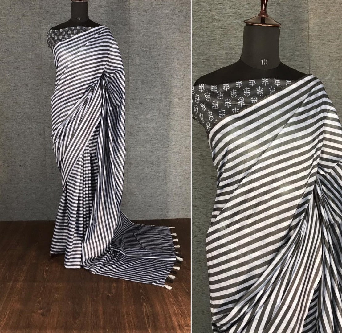 Black and white italian finished cotton silk digital printed work saree