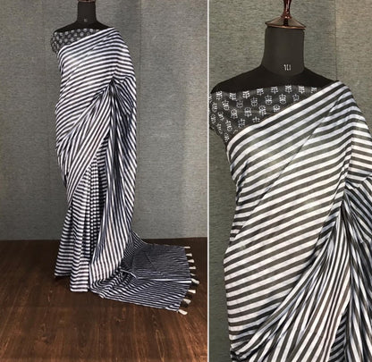 Black and white italian finished cotton silk digital printed work saree