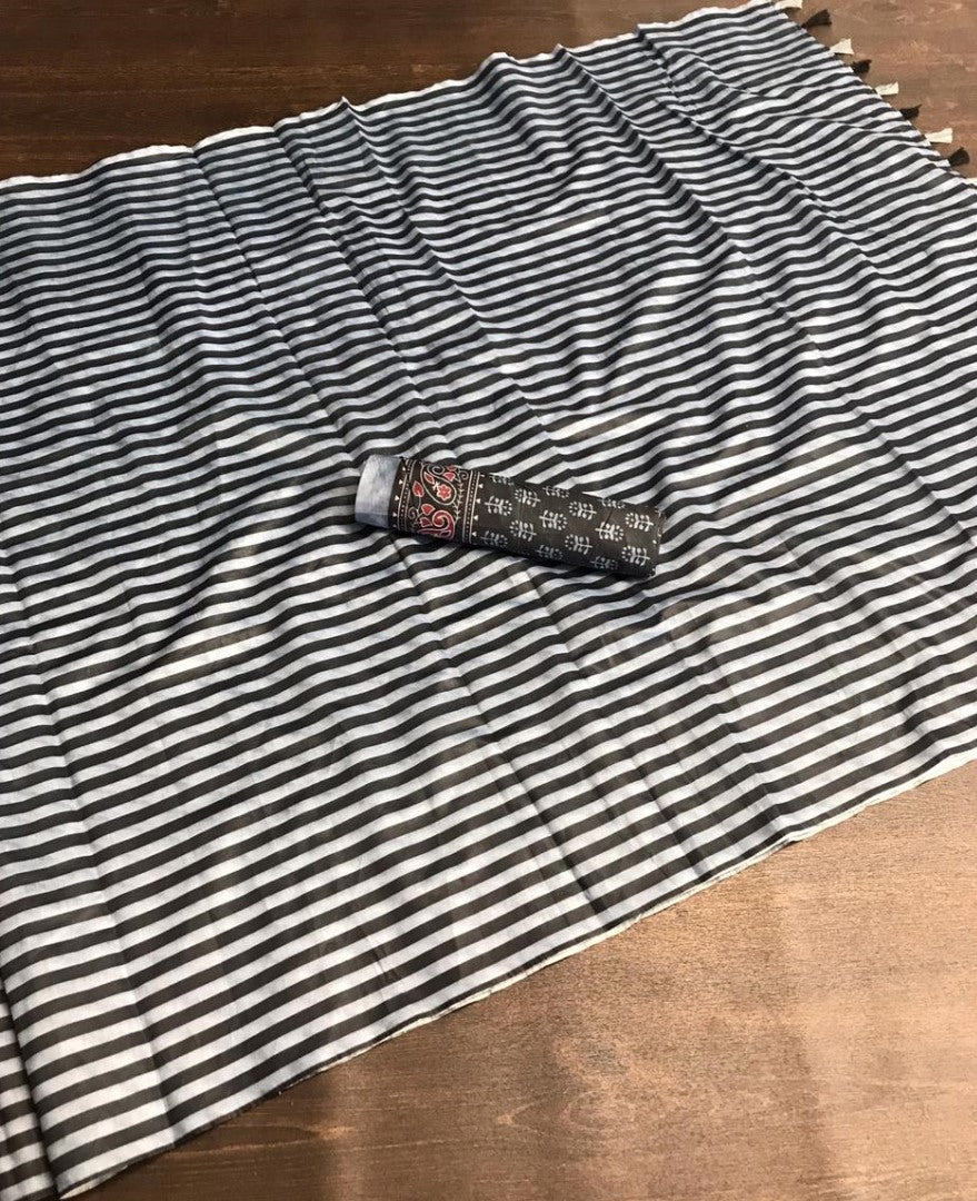 Black and white italian finished cotton silk digital printed work saree