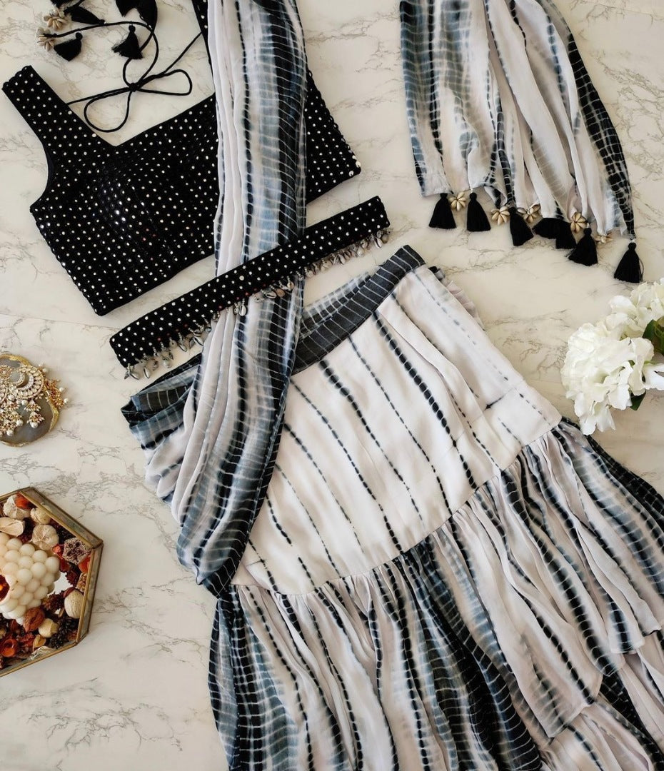Black and white printed ruffle lehenga saree