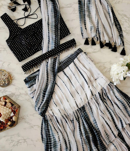 Black and white printed ruffle lehenga saree