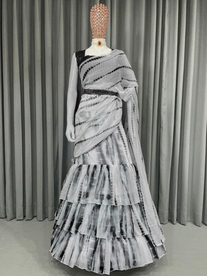 Black and white printed ruffle lehenga saree