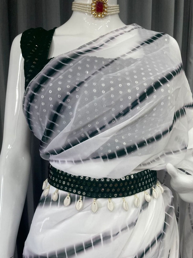 Black and white printed ruffle lehenga saree