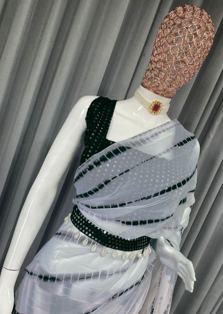 Black and white printed ruffle lehenga saree