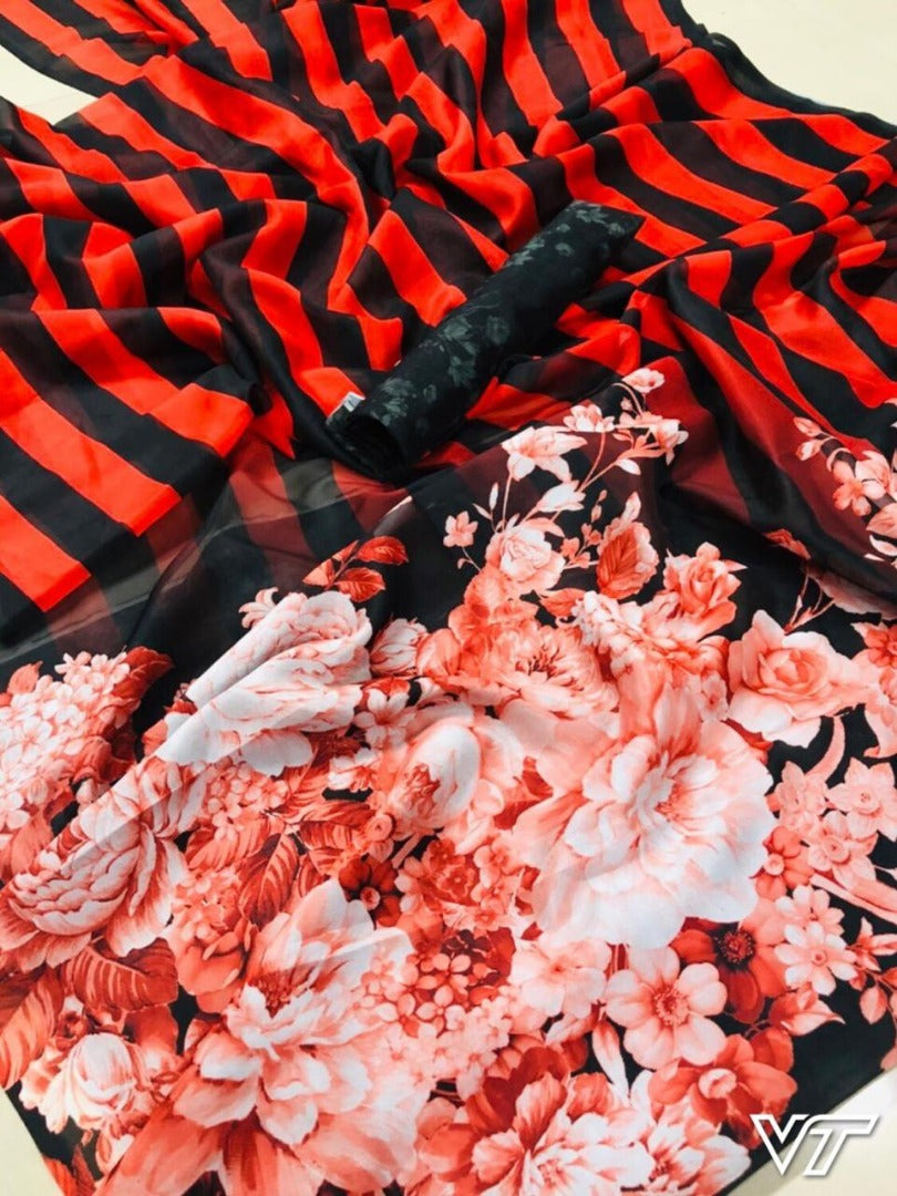 Black and white strip digital printed partywear saree