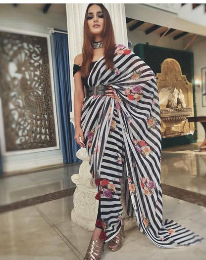 black and white strip georgette flower printed saree